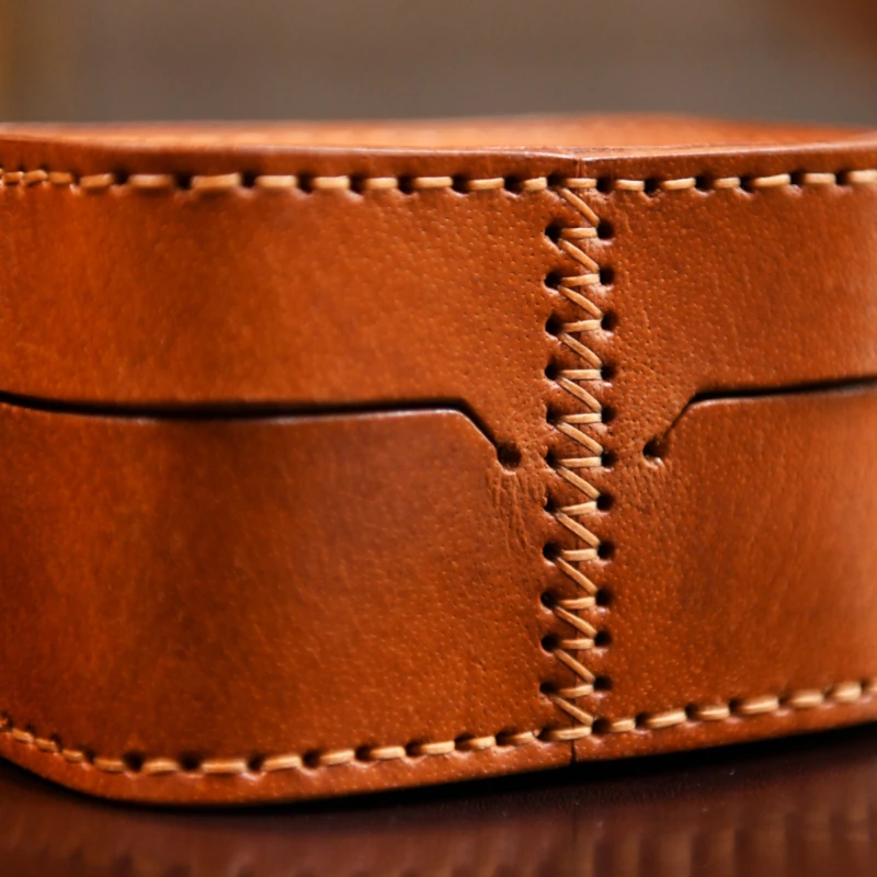 First Layer Leather Jewelry Box Hand Stitched Storage Case Walnut Container for Trinkets Square Organizer Artisan Craftsmanship