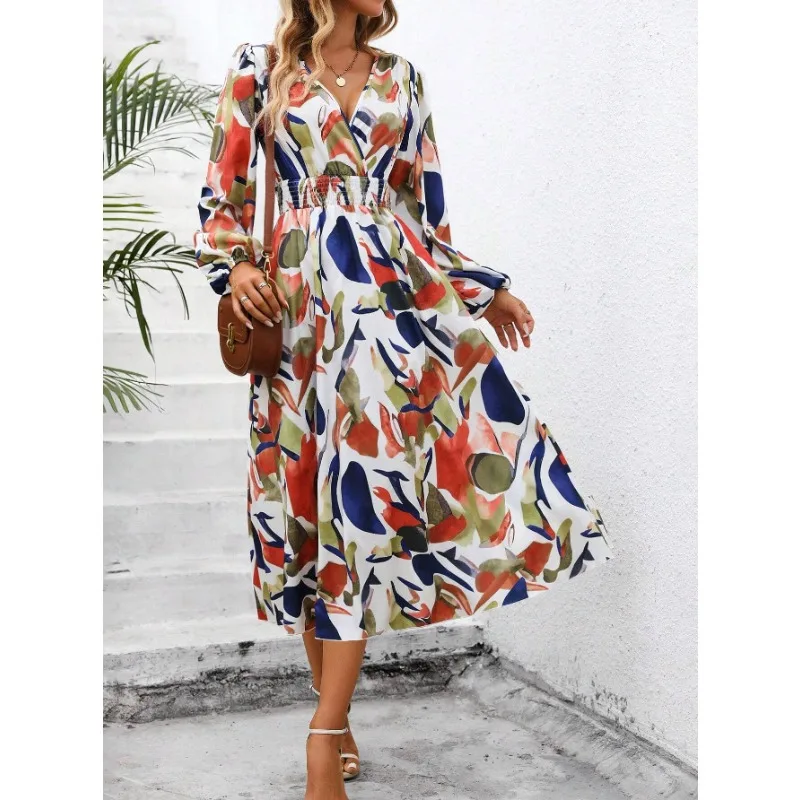 New Spring Women's Elegant 3D Colorful Halter Deep V-neck Long Sleeve Dress Temperament Commuting Female Fashion A-line Dresses