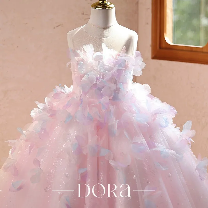 Mädchen-Festkleid Rosa Tüll Bodenlanges Pompöses Kleid Blumenmädchenkleid für Hochzeit Geburtstag Klavier-Aufführung Party A5093 – Detail 7