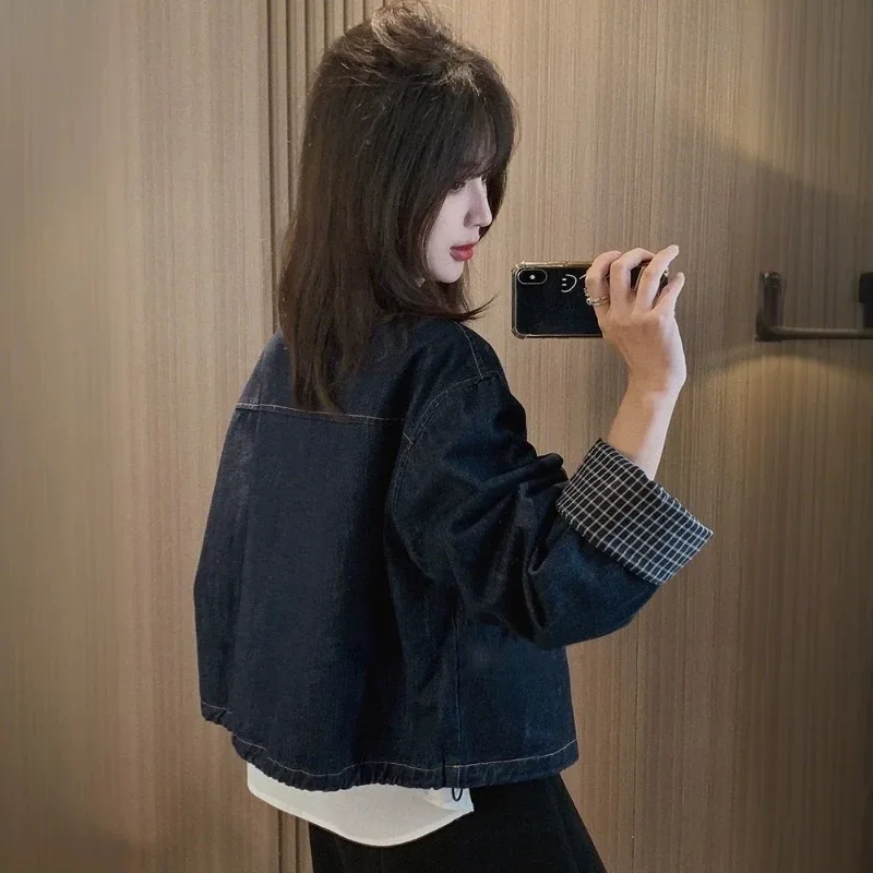 المرأة الرجعية الكورية Sle منقوشة طويلة Sve جولة Ne الدنيم Jaet الربيع Faionable تنوعا مزيج القطن والبوليستر #1