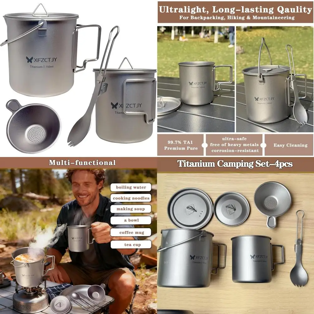 

750ml/420ml Ultralight Titanium Pot Coffee Tea Mug Combo With Lid Spork,Tea Infuser, Nestable Camping Set With Foldable Handle F
