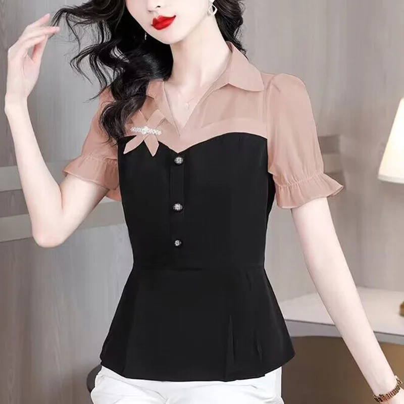 Elegant Lapel Spliced Loose Folds Bow Blouse Women\'s Clothing 2023 Summer New Casual Pullovers Office Lady Fake Two Pieces Shirt