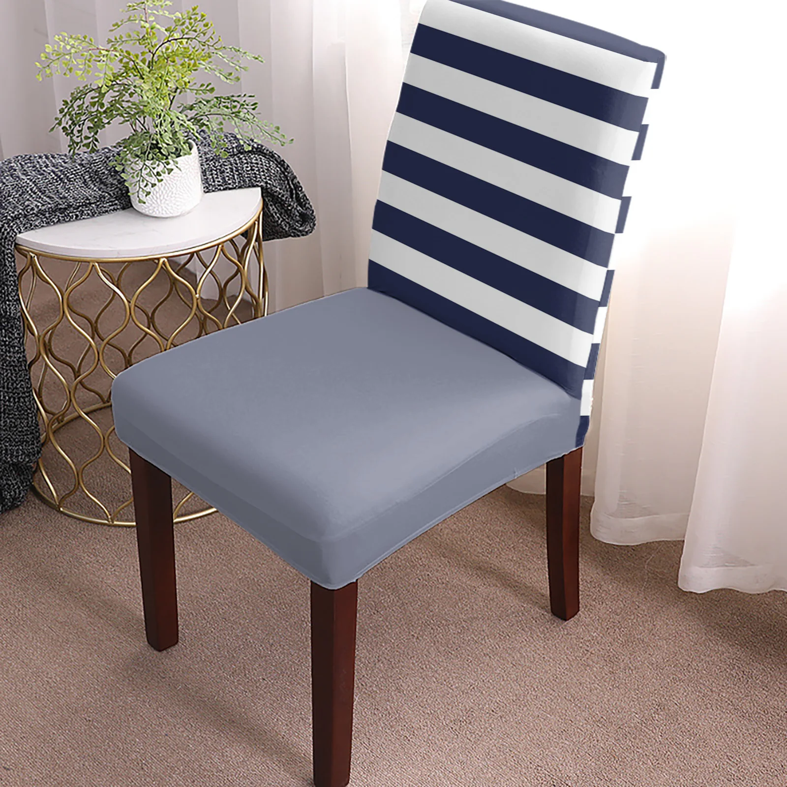 Navy Blue White Stripes Dining Chair Covers Spandex Stretch Seat Cover for Wedding Kitchen Banquet Party Seat Case