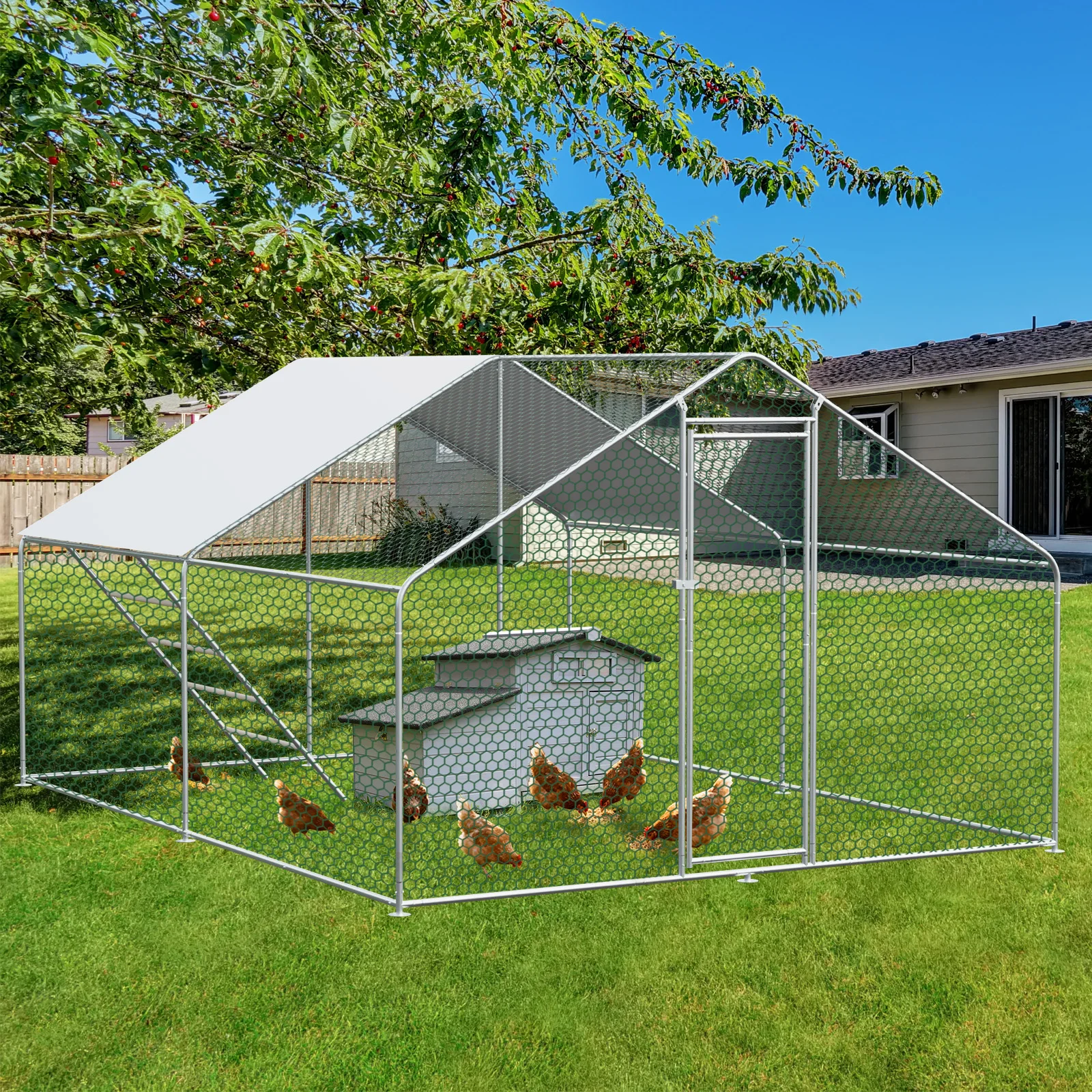 Poulailler 3x4x2m, avec verrou de sécurité et toile PE imperméable, en métal, pour poules, lapins et autres petits animaux