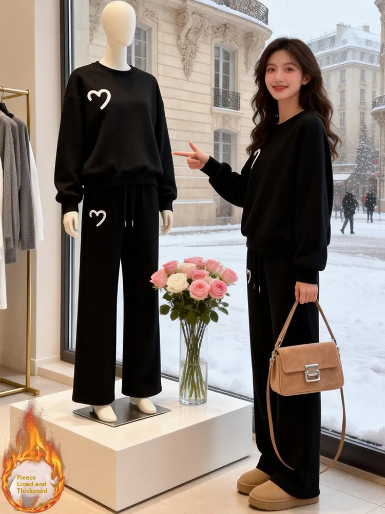 Pantaloni a gamba larga a vita alta da donna Set di felpe Fce foderato Thi Abbigliamento sportivo casual Abito a due pezzi Calore confortevole