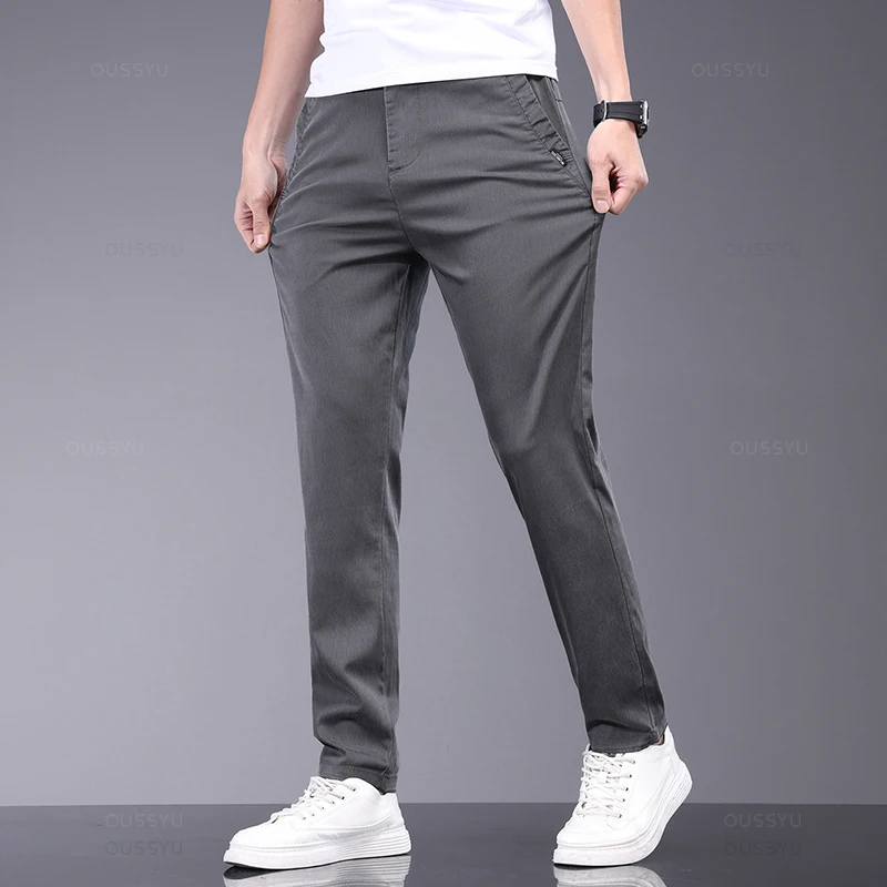 MINGYU Brand Clothing Summer Lyocell Fabric Casual Pants Men Thin  Slim Elastic Waist Business Grey Black Korea Trousers Male