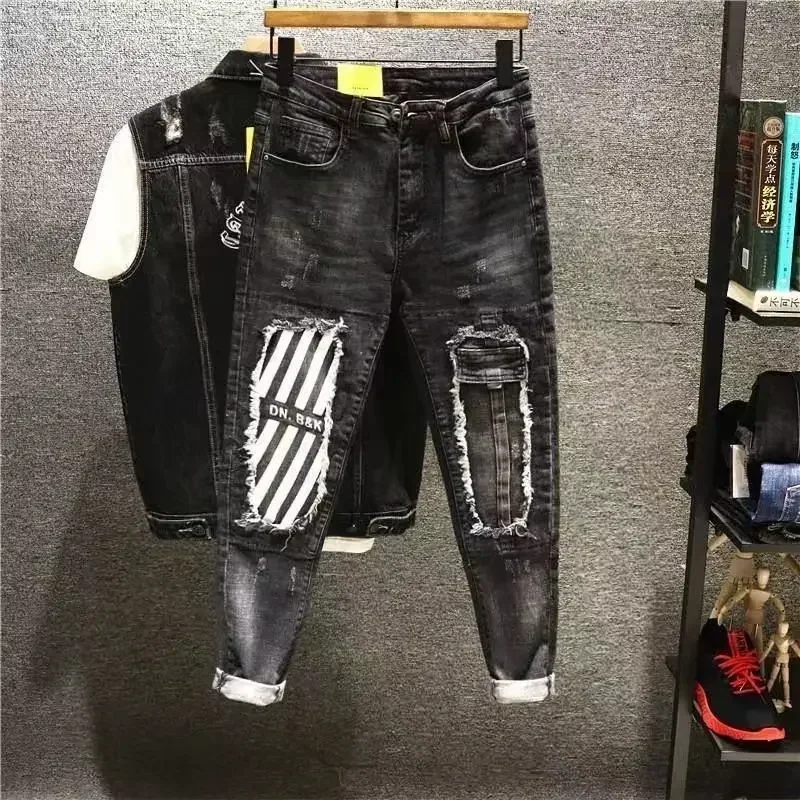 

Jeans for Men Goth Male Cowboy Pants Slim Fit Trousers Elastic Stretch Patch Skinny Tight Pipe Spliced 2024 Trend High Quality