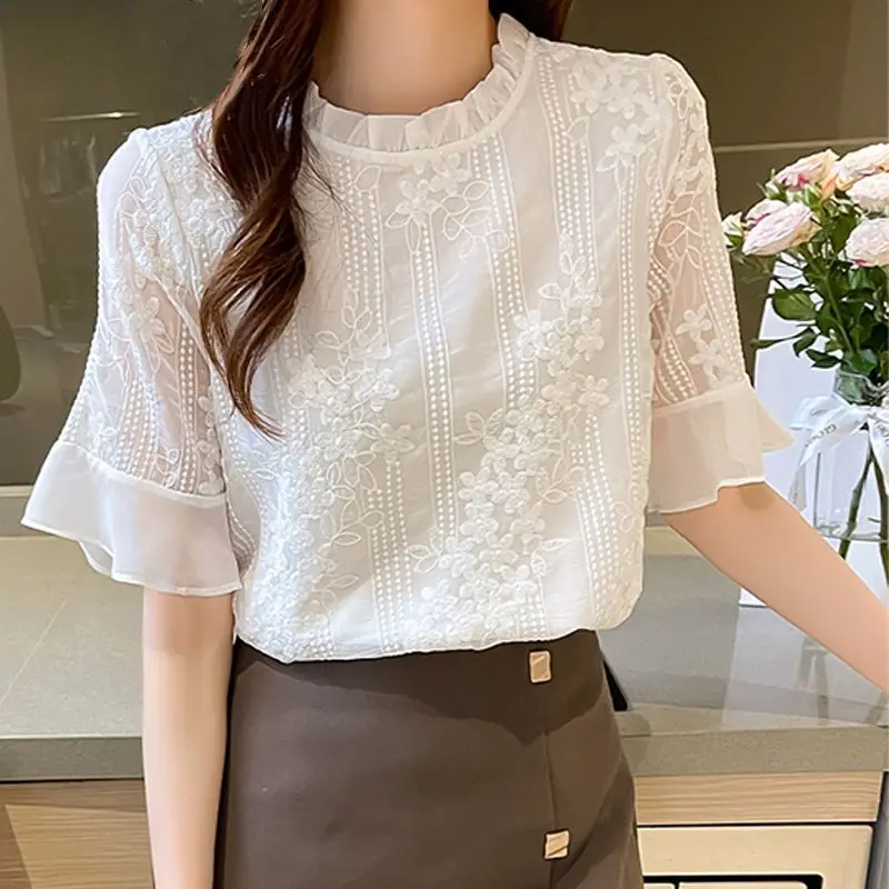 Women Trendy Ruffle Embroidery Sweet Blouses Summer Casual Round Neck Short Sleeve Shirts White Chic Tops Blusa Mujer Moda 2023