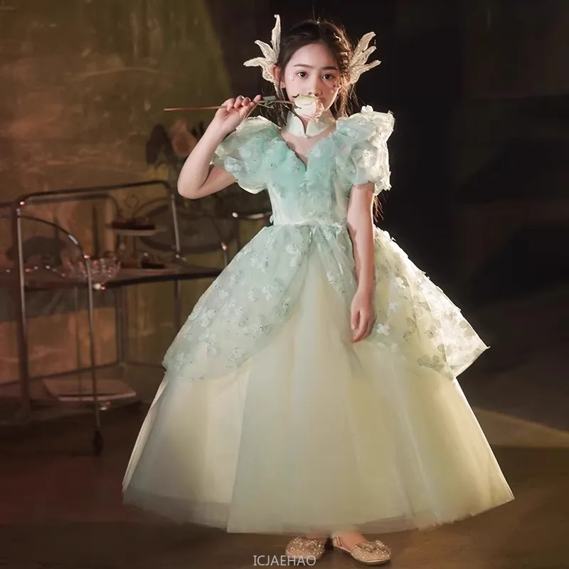 Party Dress Green Girls Pageant Dresses Piano Recital Performance Formal Wear Kids Host Princess Gown Birthday Party Outfits