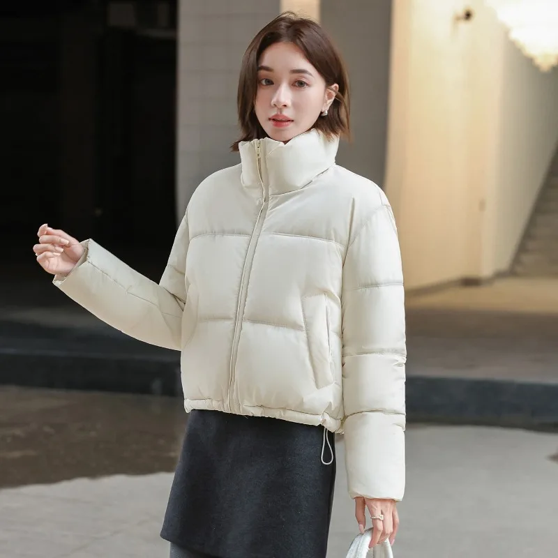 Autumn Winter Ladies Stand Collar Short Jackets Loose Windproof Thick Warm Zipper Pockets Solid Casual Korean Padded Outerwear 6