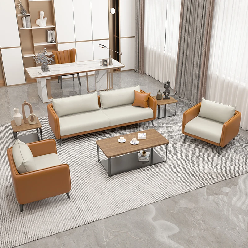 

Modern Leather Office Sofa and Coffee Table Set for Business Reception Small Three-Seater Boss Office Furniture for Living Room