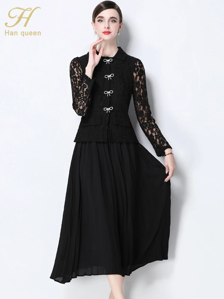 H Han Queen المرأة الخريف المدرج عطلة حفلة موسيقية فساتين النمط الفرنسي وهمية اثنين من الدانتيل المرقعة فساتين مطوي