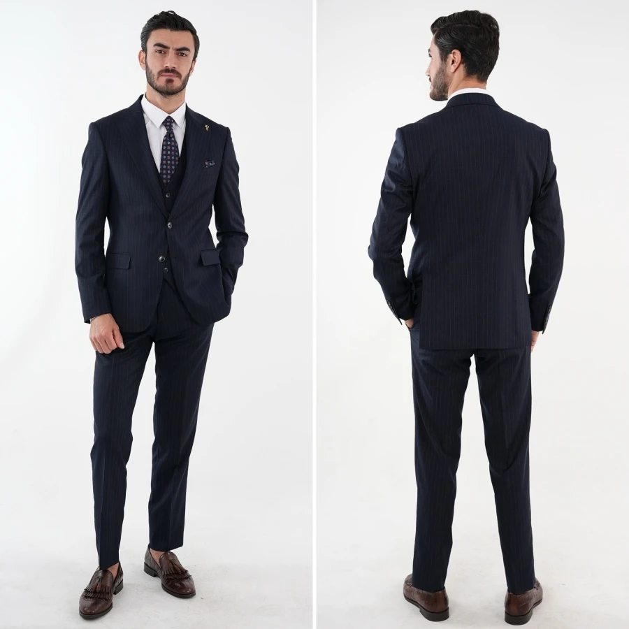 

Navy Blue Stripe Elegant Men's Suit for Wedding Groom 3pcs Blazer Vest Pants Formal Business Party Full Male Suits