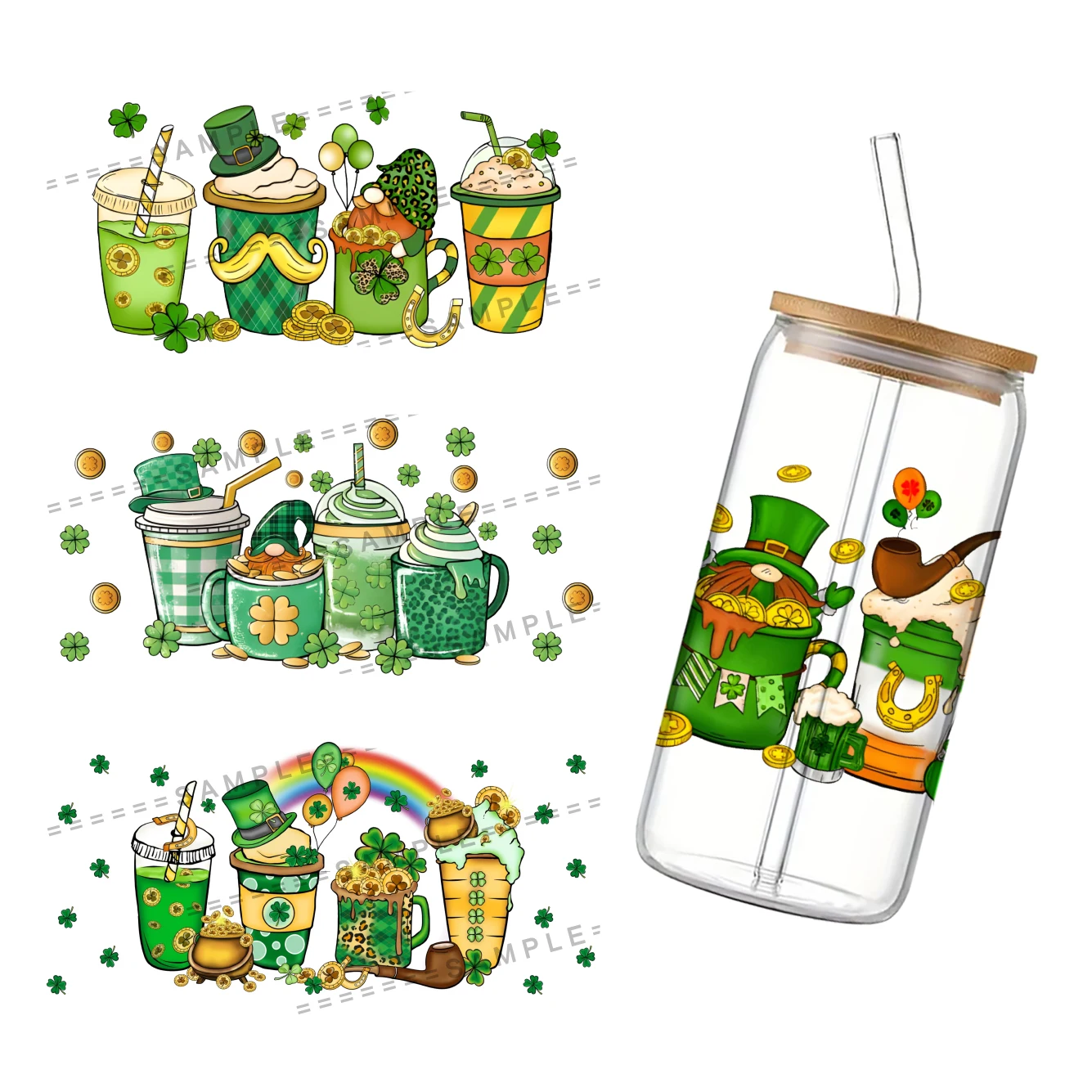 Saint Patrick's Day Theme Glass Wrap, 3D Impermeável, UV, DTF Coffee Can Glass, 16oz