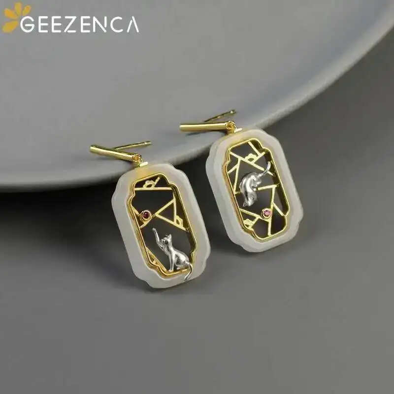 GEEZENCA Natural White Jade Green Aventurine 925 Silver Window Cat Dangle Earrings For Women Ethnic Chic Earring 2024 New Gift