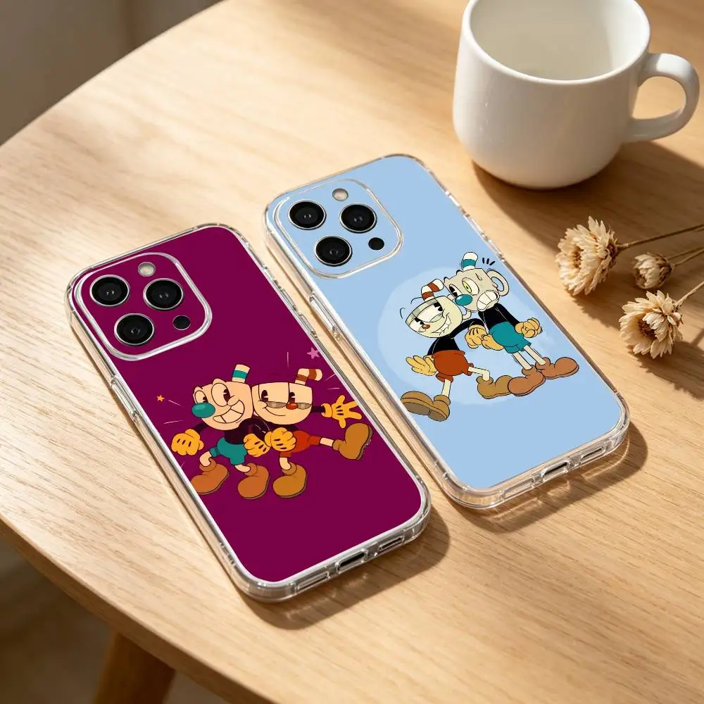 

Cute CupHead And MugMan Phone Case For iPhone 17 16 15 14 13 12 11 Mini Pro Max Plus Transparent Cover