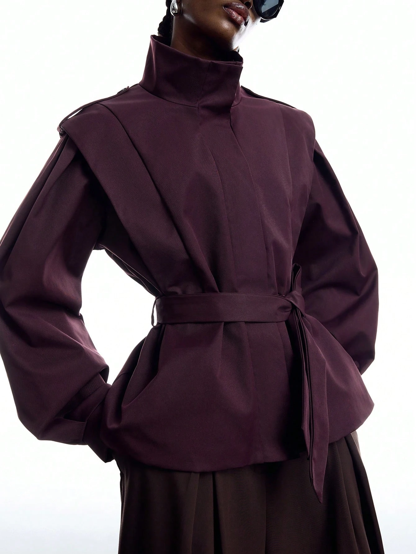 IG Women High Neck Short Jacket With Decorative Shoulder Panel, Puff Sleeve Belt‑Tie Waist Coat, Fitted Peplum Hem Outerwear