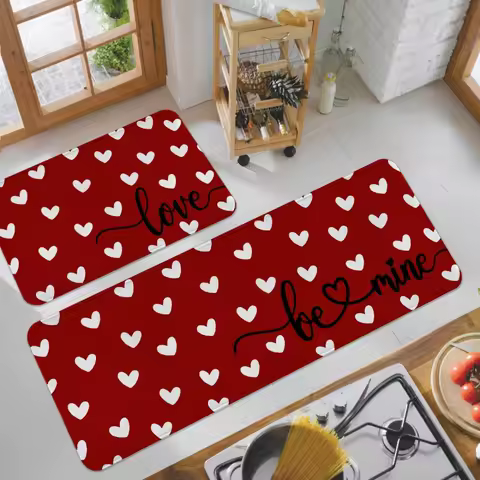 VIKAMA Love Red Grid Kitchen Floor Mat Foot Mat Valentine's Day Home Doorway Long Absorbent Mat Home Decoration