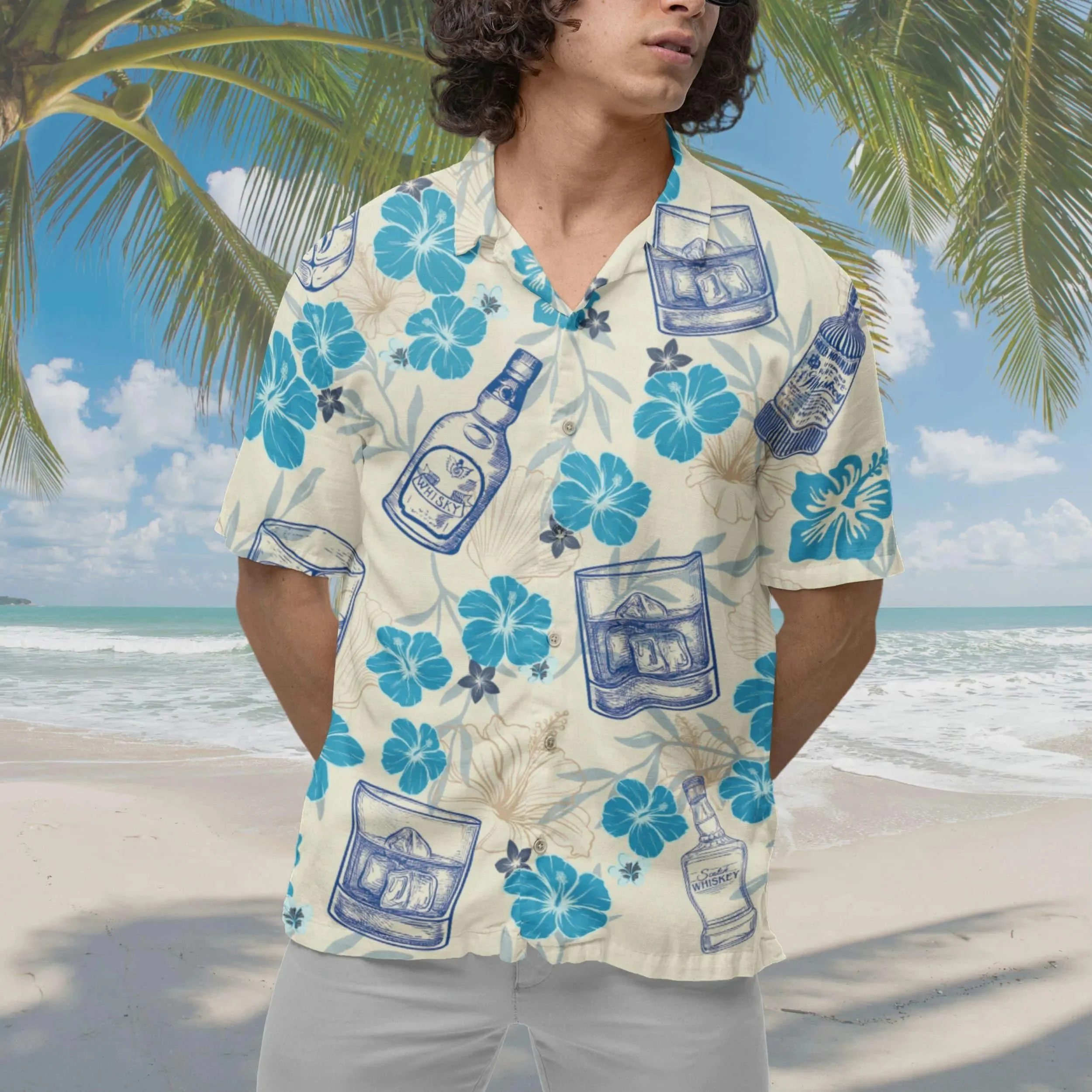 

Мужская гавайская рубашка с принтом синего гибискуса и стаканом для виски, с коротким рукавом, повседневная пляжная рубашка для любителей напитков