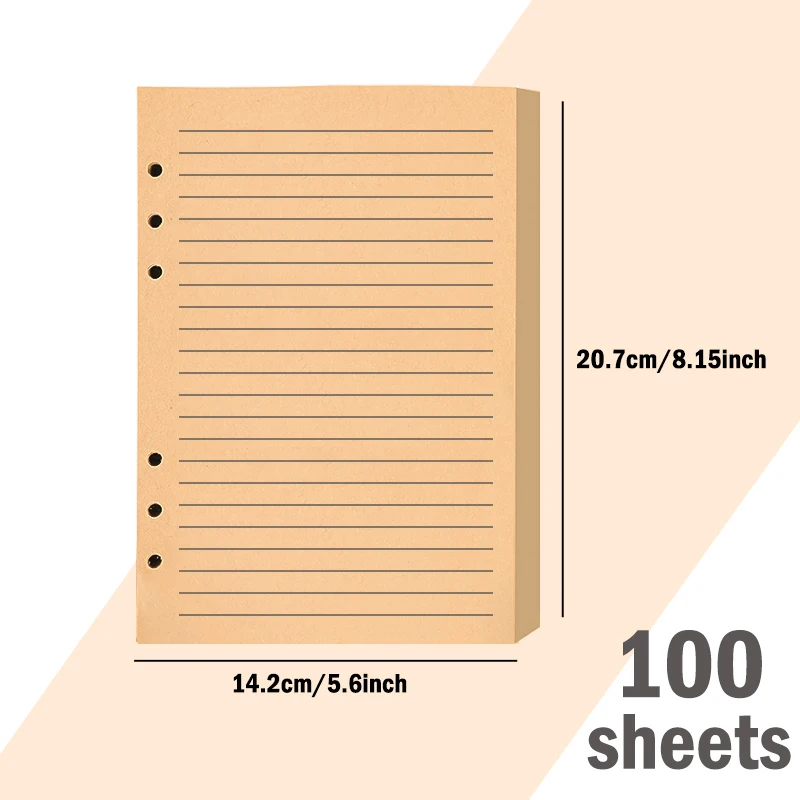 100 vellen A5 losbladig papier met zes gaten, kraftpapier kleur horizontale lijnen, notebook losbladige boekenplanner, bindmiddelmap vervangende kern,