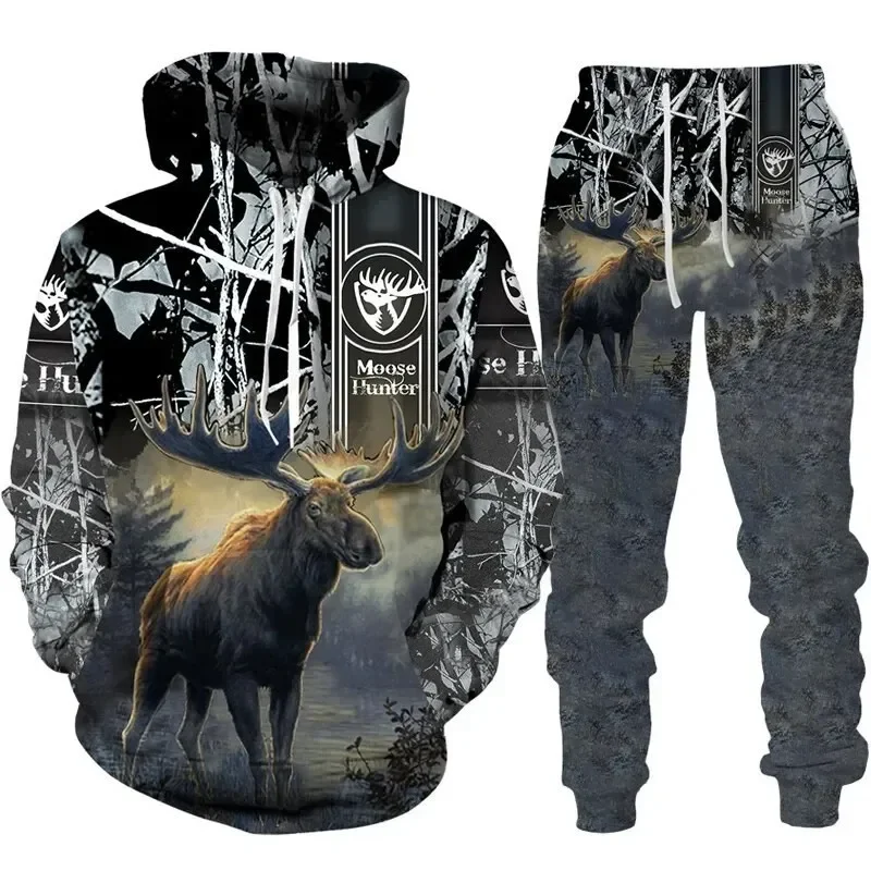 Autumn/Winter Deer Animal Hunting Hoodie Suits 3D Print Men Women Outdoor Sweatshirt Pants 2Pcs Outfits Oversized Men\'s Clothing