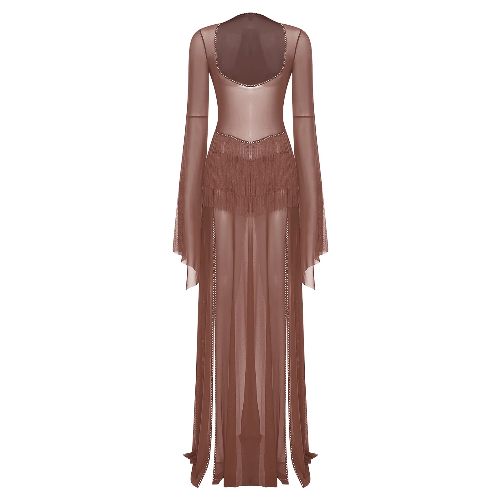 Vestido feminino de malha transparente para dança do ventre, sutiã de lantejoulas com borla na cintura, bainha dividida, vestido maxi para roupas de performance de dança indiana do ventre