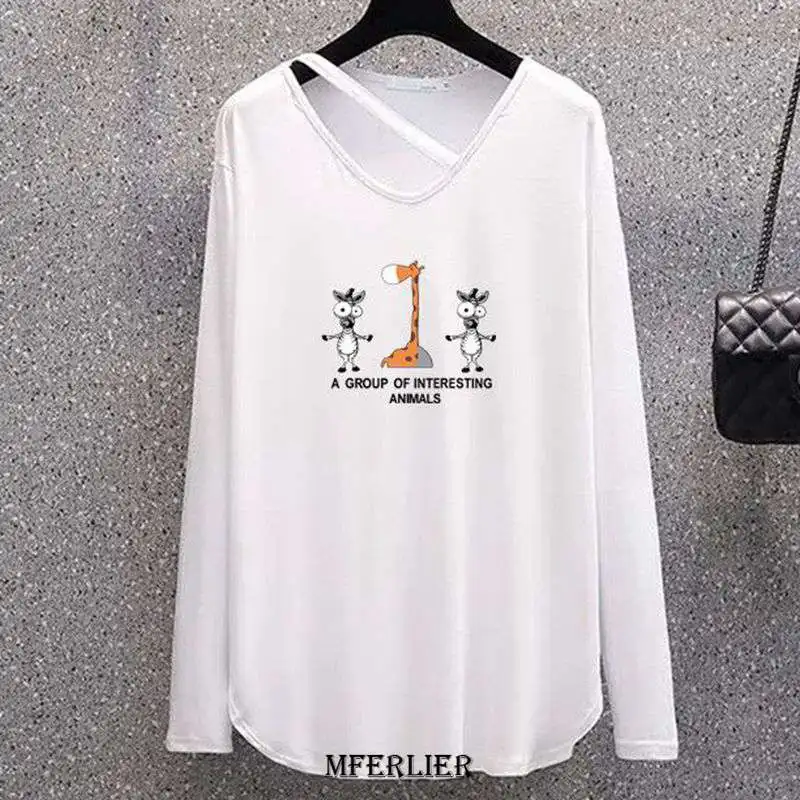 T-shirt à manches longues et col rond pour femme, streetwear décontracté, grande taille 6XL, 150kg, dessin animé, automne