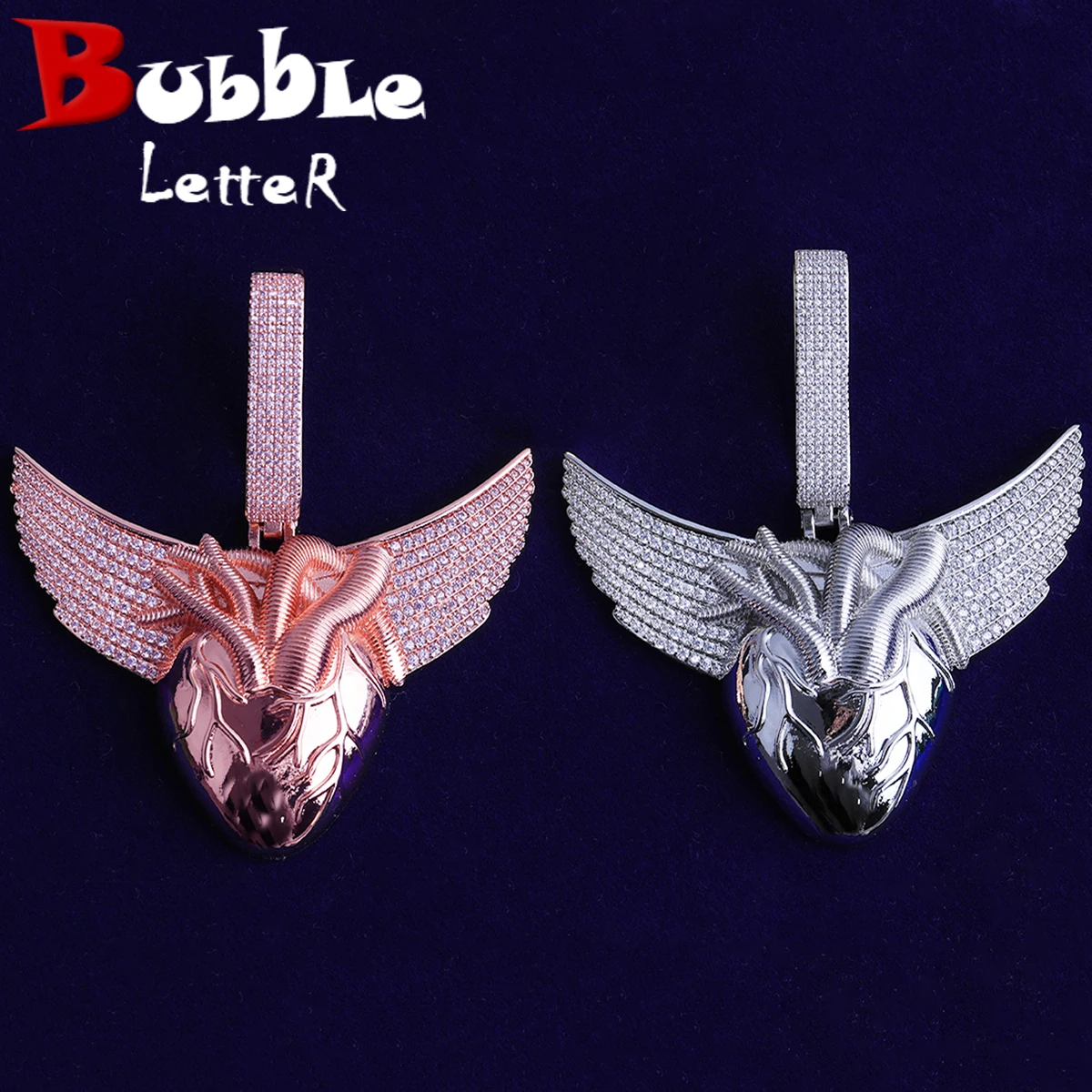

Bubble Letter Iced Out Heart Wing for Men Necklace Pendant Real Gold Plated Cubic Zirconia Hip Hop Jewelry
