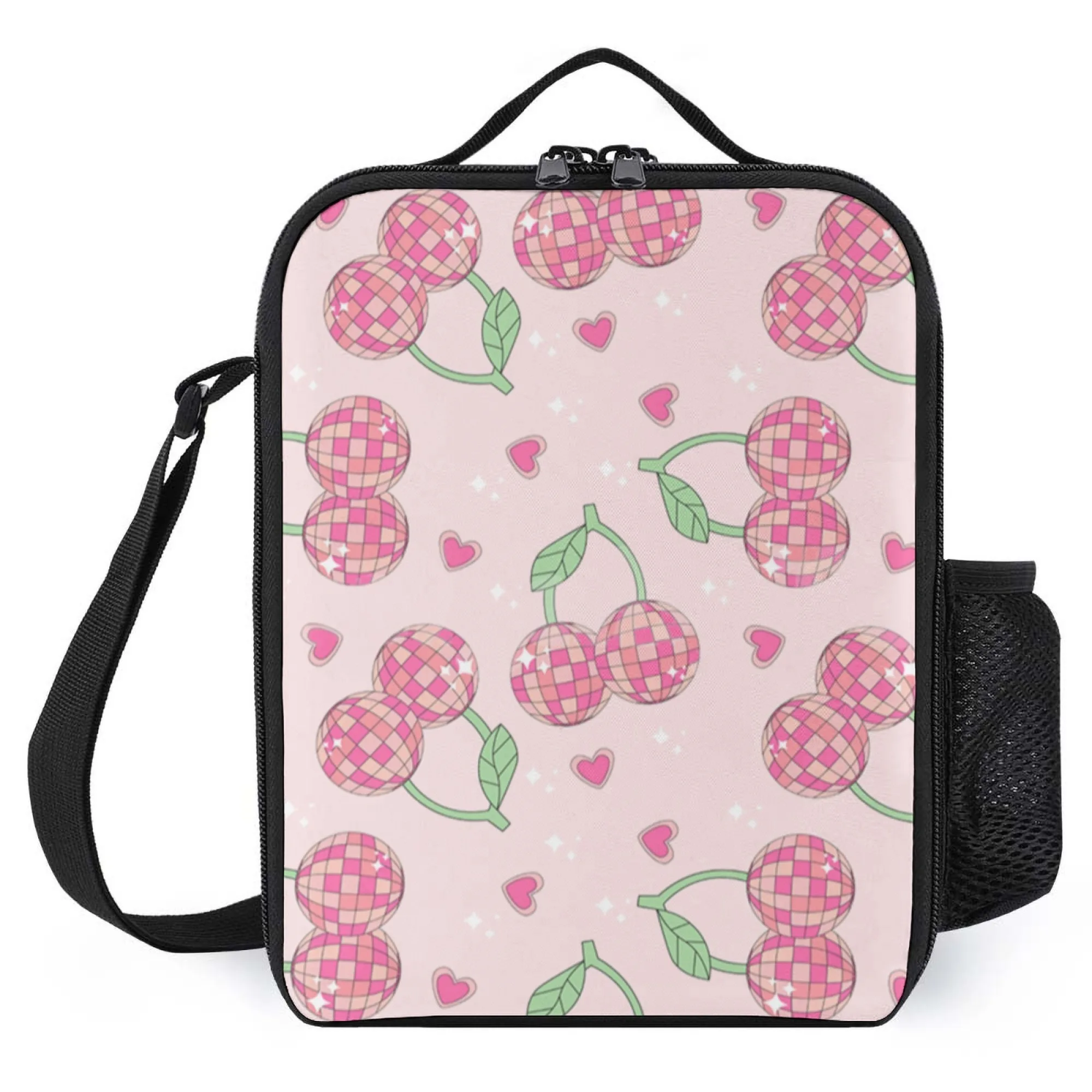 

Insulated Lunch Bag, Oxford Cloth, Sparkling Pink Checkered Cherries & Hearts Pattern, Suitable for School/Picnic/Outdoor Daily