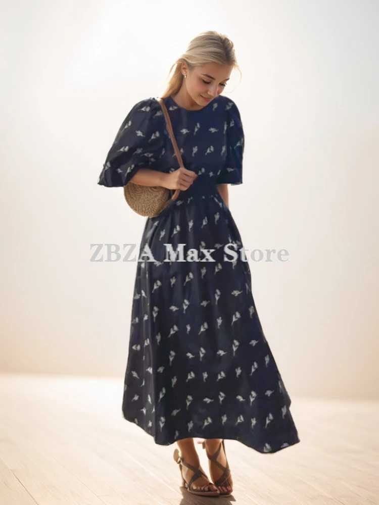 ZBZA Women\'s Flowers Embroidery Long Skirt Crew Neck Puff Sleeves High Waist Slim Fit Frock Fall Winter New Female Chic Dress