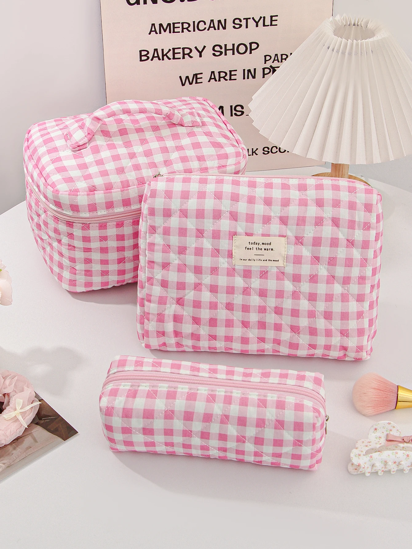 1 unid/set de bolsa de maquillaje acolchada de celosía, bolsa de maquillaje multifuncional, bolsa de aseo de gran capacidad, bolsa de maquillaje de almacenamiento de viaje
