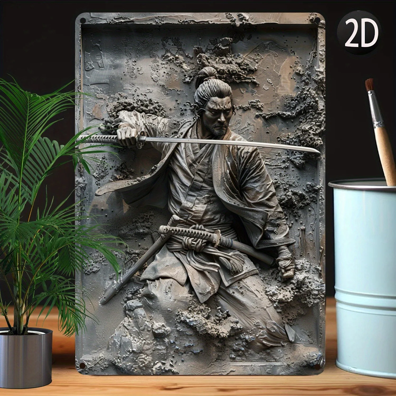 1Pc Vintage Japanese Warrior Ninja Metal Wall Painting Art Plaque Sign 2D Plane Sign for Bar Home, Garden Man Cave Bedroom Decor