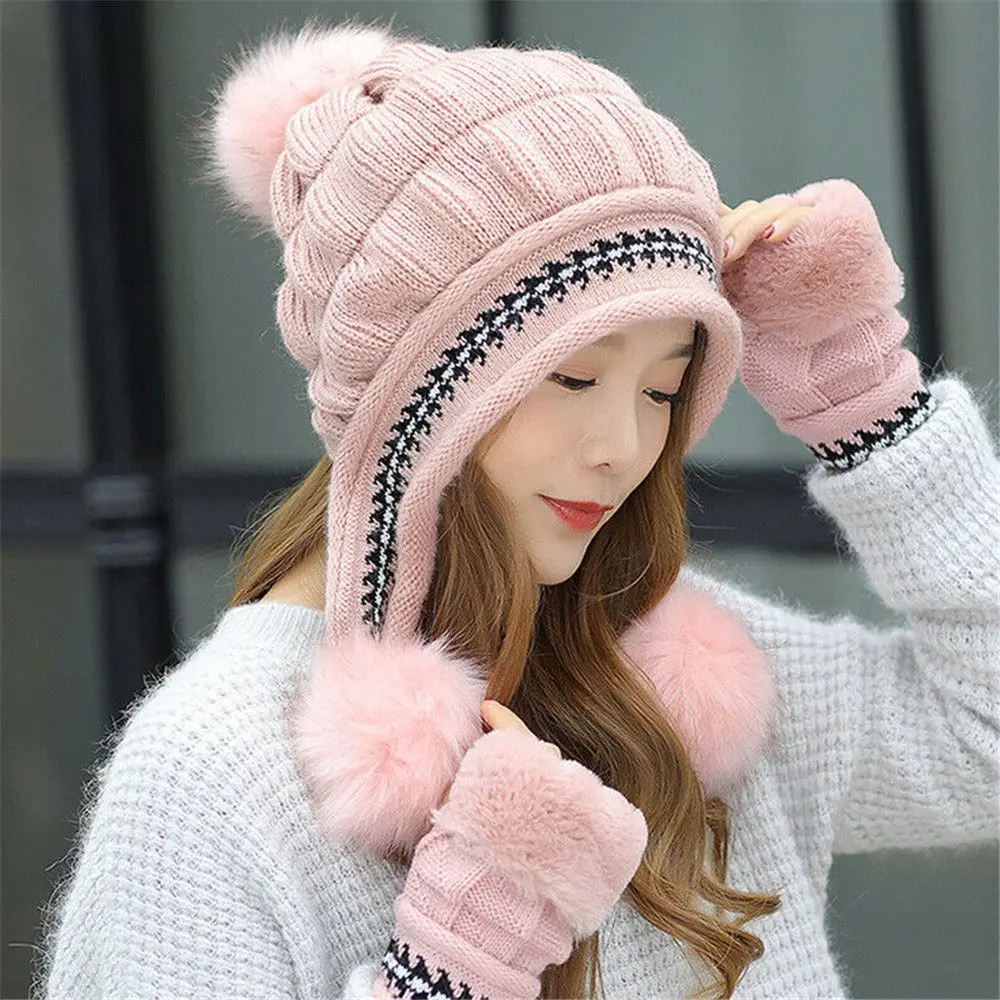 Winter Beanie Hat Gloves Set Ladies Double Pom Pom Fur Skullcap Women Warm Knitted Bobble Ski Cap Outdoor Casual Beret Hat