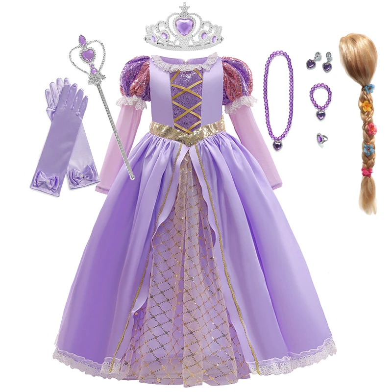 Rapunzel Dress for Girls Dress Up Fantasy Children Birthday Party Princess Costume Kids Halloween Purple Sequins Mesh Clothes