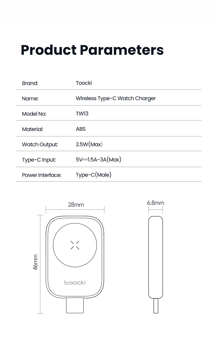 Toocki TW13 2,5W Kabelloses Ladegerät für iWatch S1-S11 SE 2-3 Ultra 1-3 Tragbares Typ-C Magnetisches Kabelloses Ladegerät für Apple Watch – Detail 12