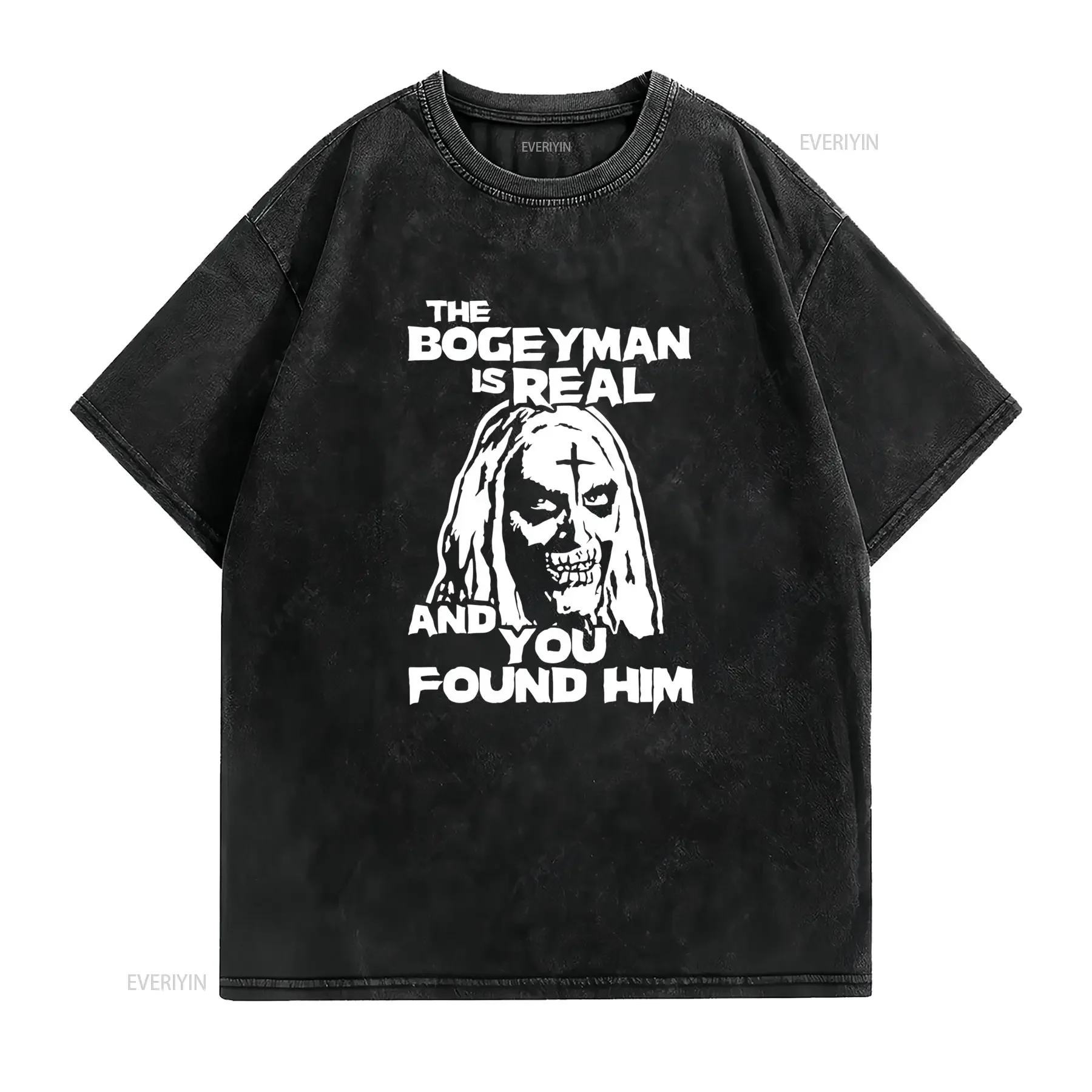 Gothic Dark Bogeyman Skull Black White Print Cool Casual Streetwear T Shirt vintage Washed homme Slightly fashion Stretched
