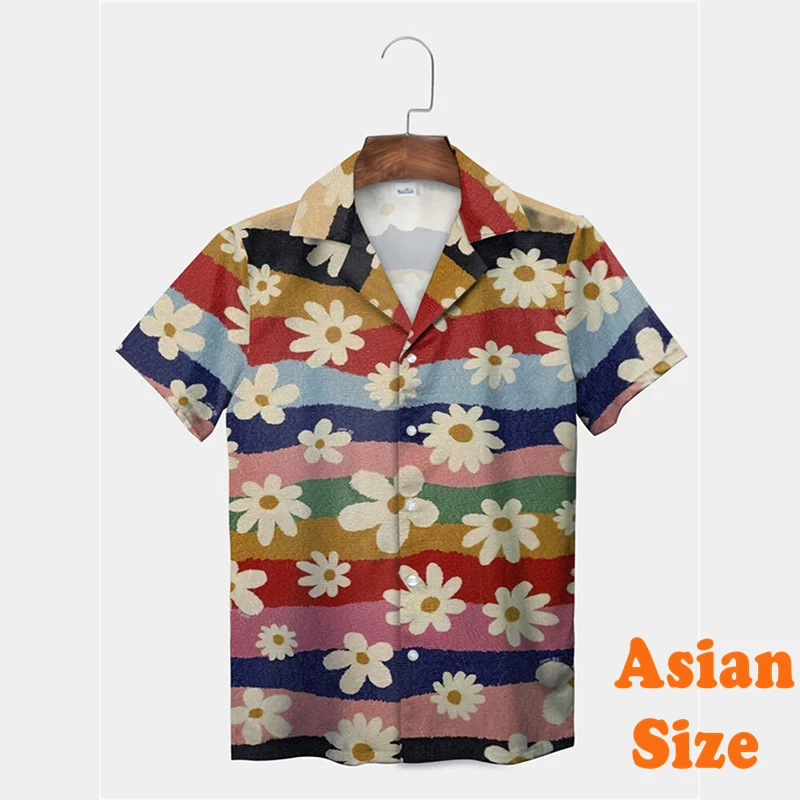 Vintage Daisy Print Hawaii Shirt For Men And Women Colorful Flower Graphic Short Sleeve Shirts Casual Daily Striped Blouse 2025