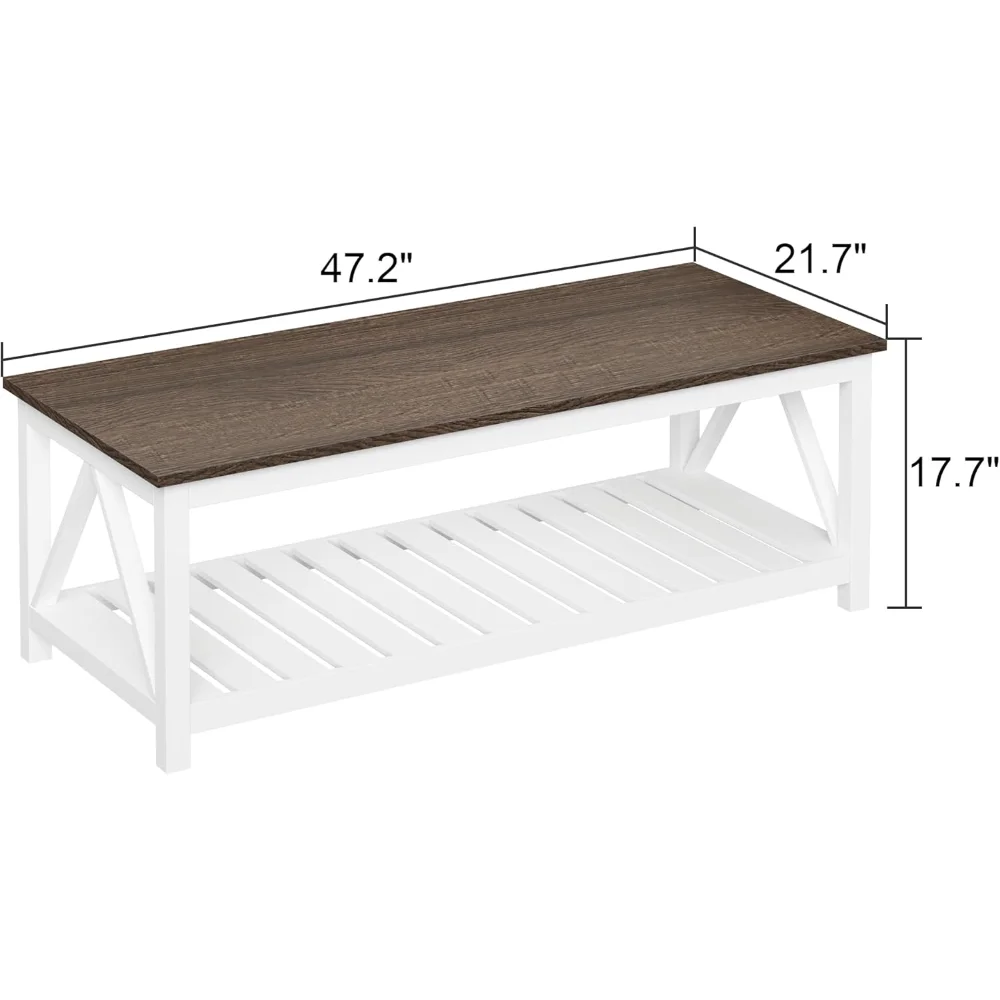 Farmhouse Coffee Table, Rustic Vintage Living Room Table with Shelf, 47 White