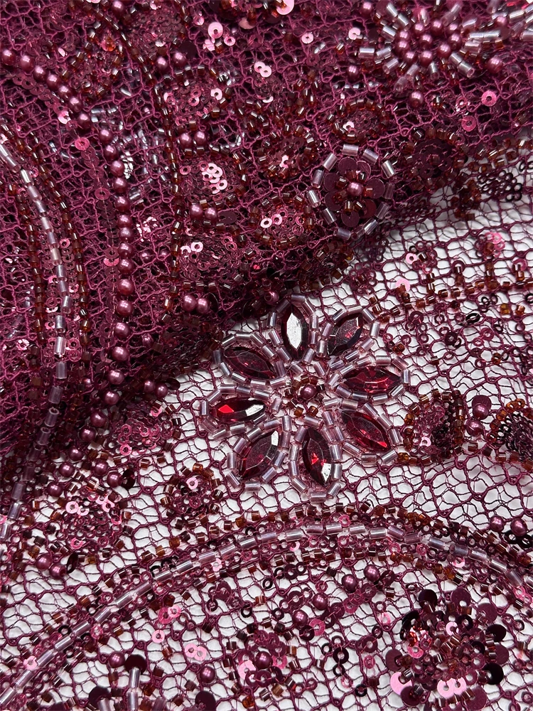 

African Groom Beaded Lace Fabric High Quality Red French Stones Nigerian Sequin Lace Fabric for Bridal Wedding Party Sewing
