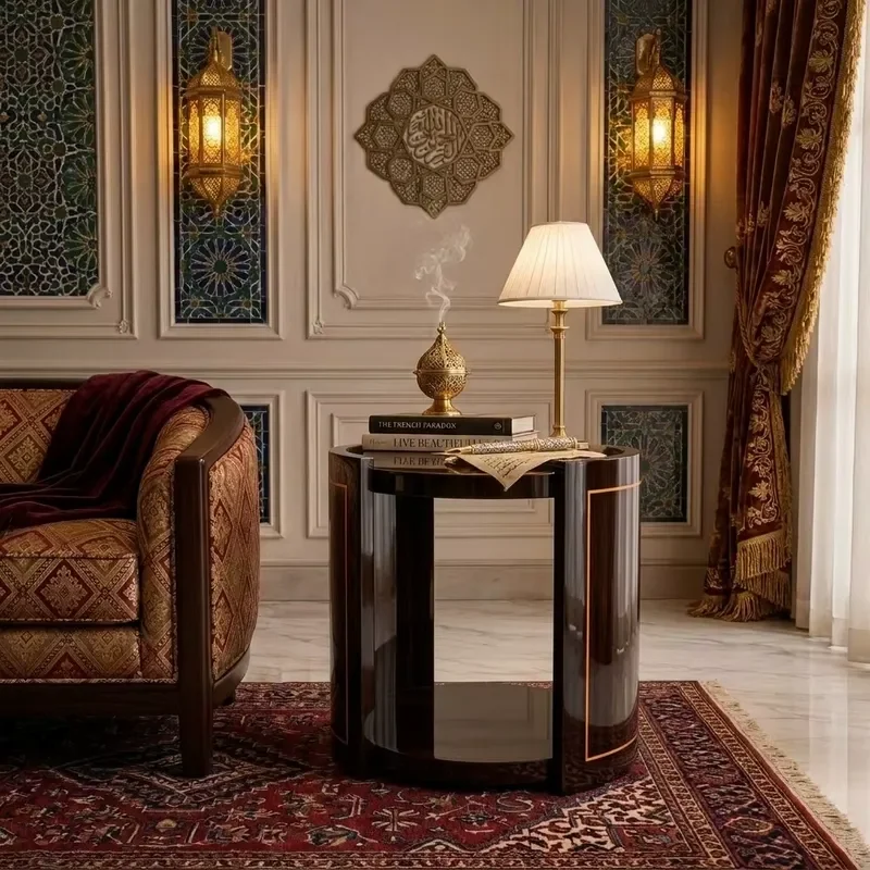 Round End Table Wood Veneer Storage Shelf Curved Side Panel Open Slot Gold Inlay Modern Villa Living Room
