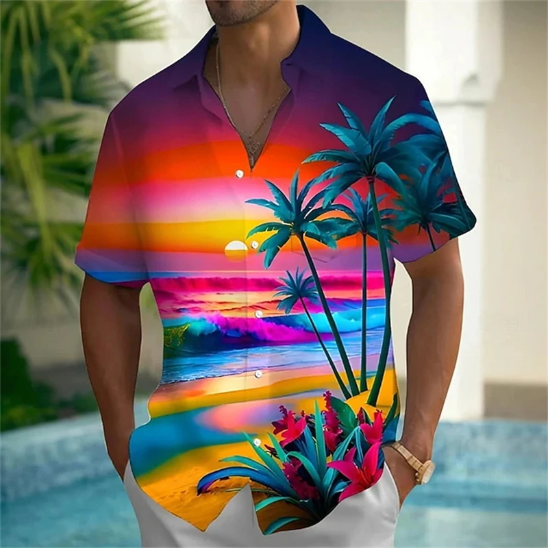 Men's Hawaiian Shirt Vibrant Palm Tree Print Summer Casual Beachwear Vacation and Outdoor Wear Polyester Fabric blouse