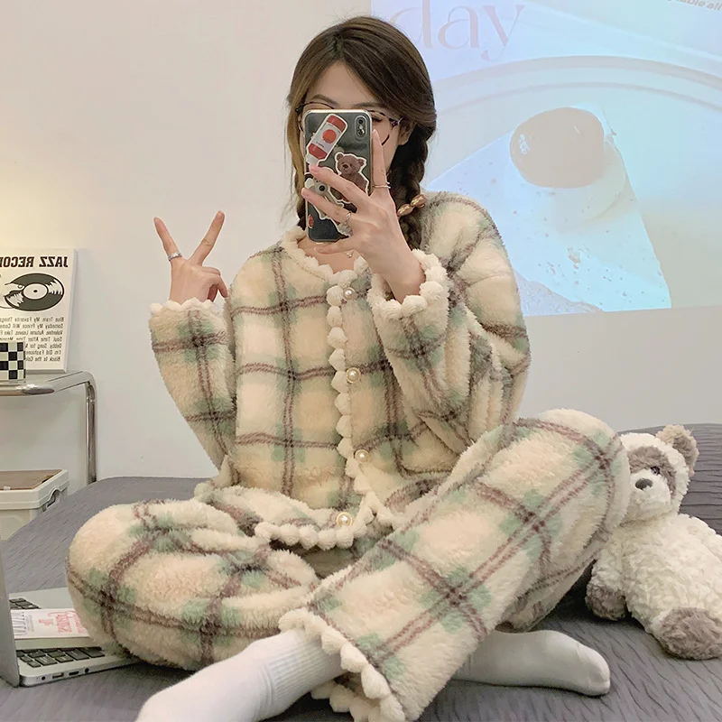 

2023 New Flannel Plaid Sleepwear Women Winter Ruffles Pajama Pants Warm 2 Pieces Fluffy Button Night Wears Set Home Wear