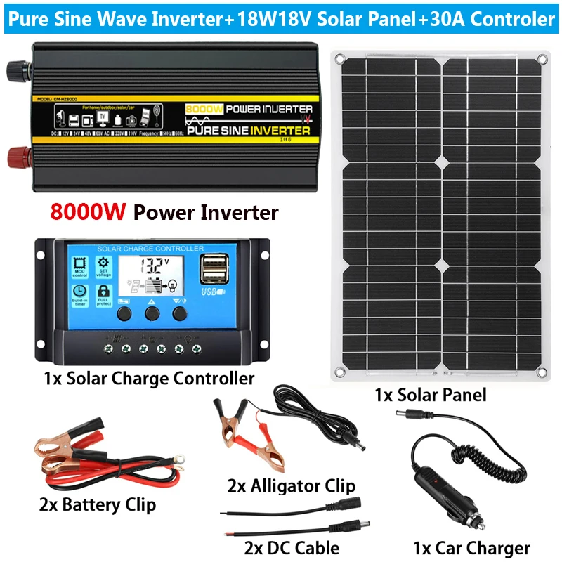 

12V to 220V Solar Power System 18W 18V Solar Panel+30A Charge Controller+8000W Pure Sine Inverter Complete Power Generation Kit