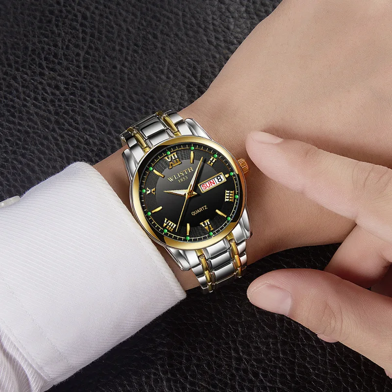 WLISTH Reloj de negocios clásico para hombre al por mayor - Reloj de pulsera de cuarzo resistente al agua con calendario dual luminoso y esfera grande personalizable