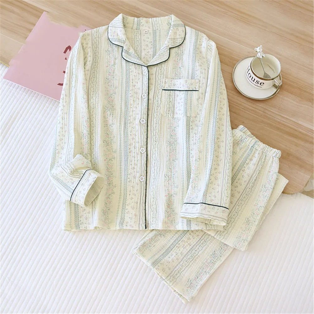 

Autumn Women's Cotton Double Layer Gauze Long Sleeve Shirt Trousers Pajama Set for Home Clothes