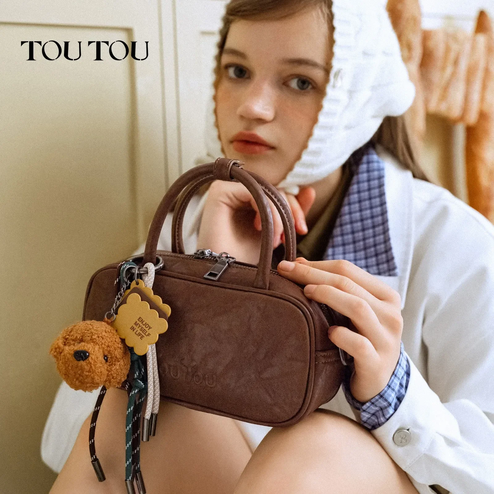 TOUTOU Boston Bowling Bag Imitation Plant Tanning Premium Autumn Single Shoulder Handheld Crossbody Bag for Women Christmas Gift