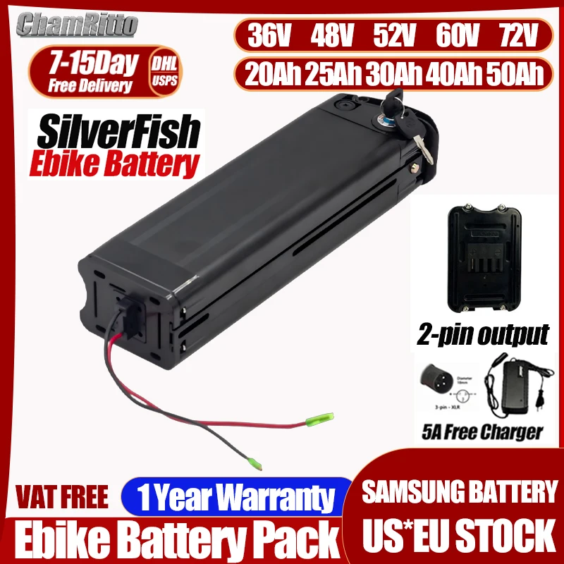 

36 В 48 В 52 В eBike SilverFish Батарея 20 24 Ач 30 40 Ач 50 60 Ач Аккумулятор Электрический велосипед 60 В 72 В 1000 Вт 2000 Вт 3000 Вт Литиевая батарея