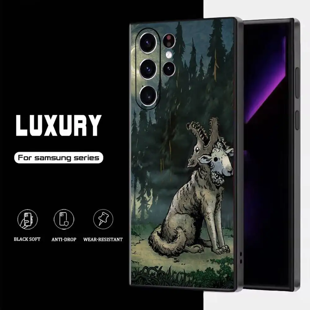 Funda de teléfono con diseño artístico de ovejas en el lobo para Samsung S25,S24,S23,S22,S21,S20,S10,Ultra,Plus,Lite,FE, funda negra de silicona suave