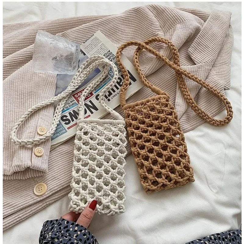 INS Fashion Versatile Popular Mesh Weaving Single Shoulder Crossbody Mobile Phone Bag Summer Cotton Rope Crossover New Bag