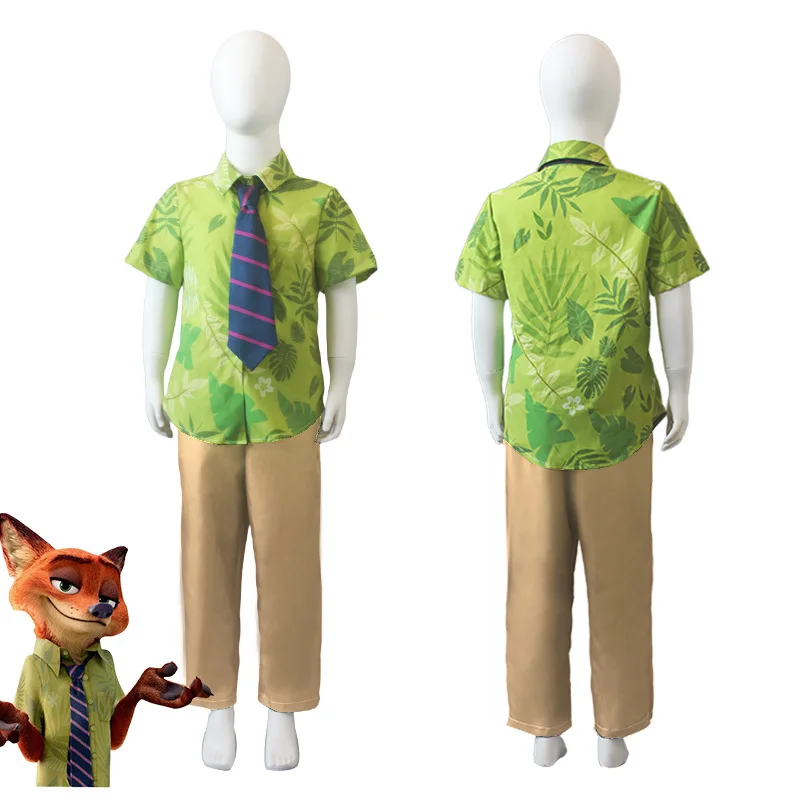 New Kawaii Fox Nick Wilde Cosplay Shirt With Tie Men Halloween Green Leaves Printed Summer Casual T-Shirt And Necktie Cosplay